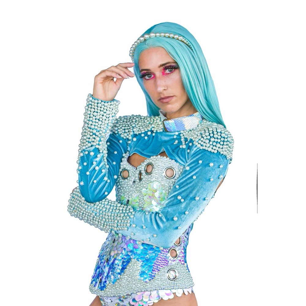 Jackalope Land Daydream Pearl Long Sleeve Baby Blue Iridescent Ultra Crop Top z0